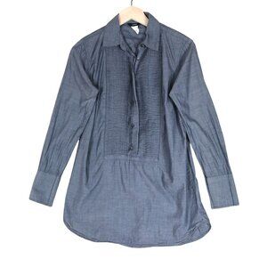 J.Crew Long Line Shirt Size XS Blue Chambray Pleated Front 100% Cotton